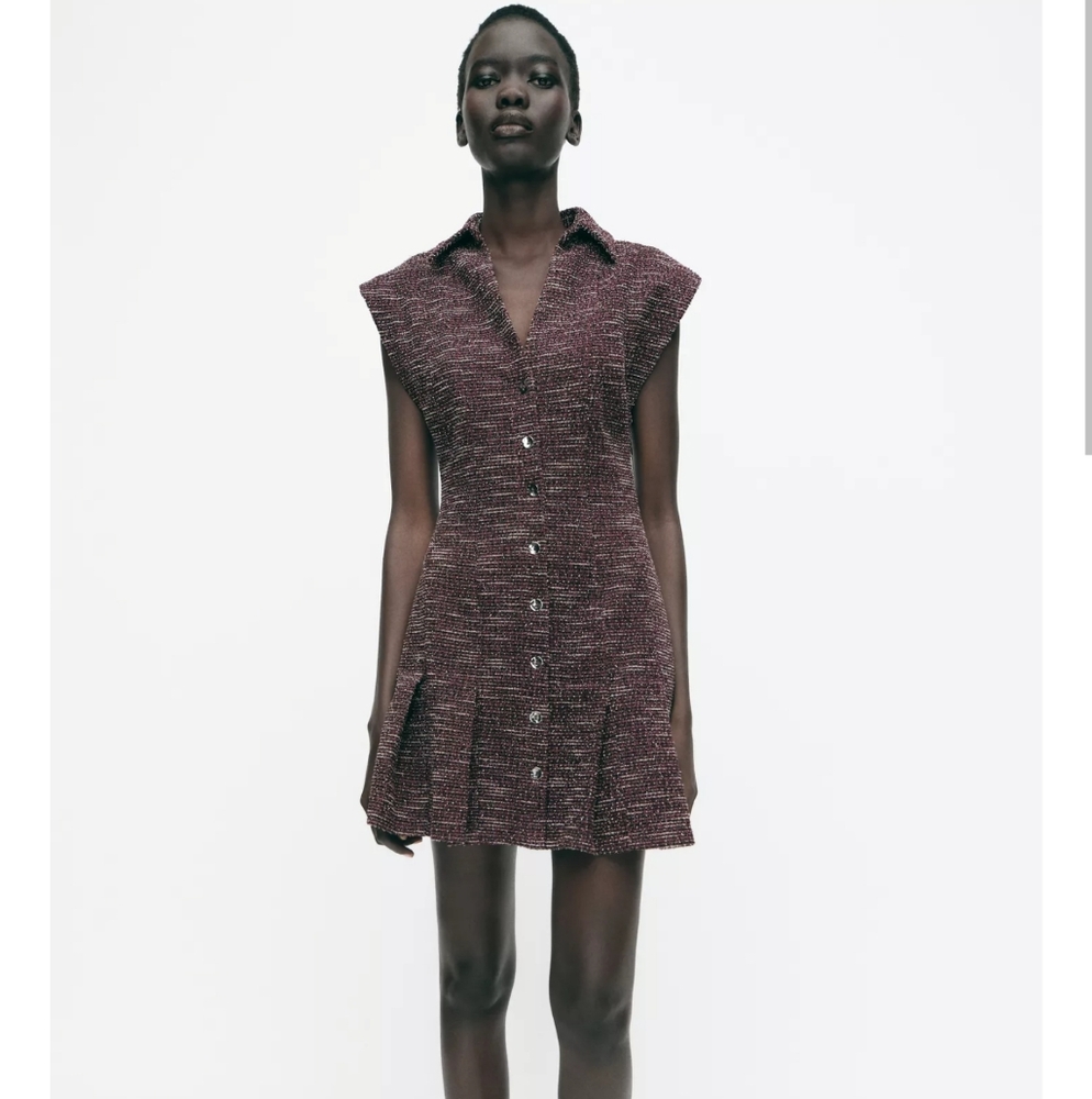 NWT Zara Purple Tweed Metallic Mini Dress S Gold Button Moto Collar Sleeveless